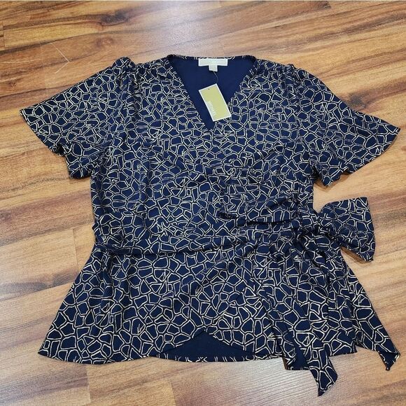 🔸️NWT Michael Kors Blue & Gold Wraparound Top XLarge - Picture 1 of 11